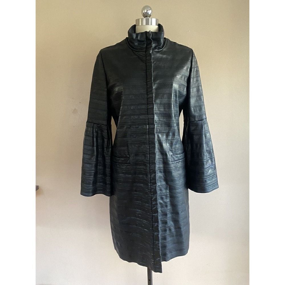 ESCADA Black Coat Size 6, Coated Wool Shiny Trumpet Sleeve Fall Winter Jacket 36